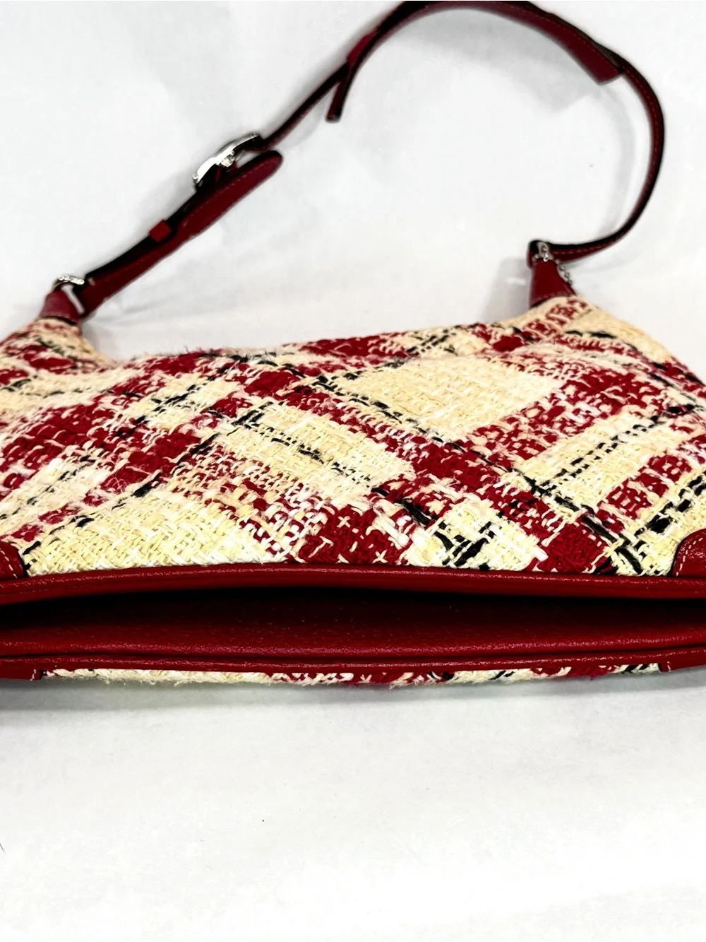 Coach Plaid Tweed Shoulder Hobo Bag Red Cream Leather Trim Style 8368